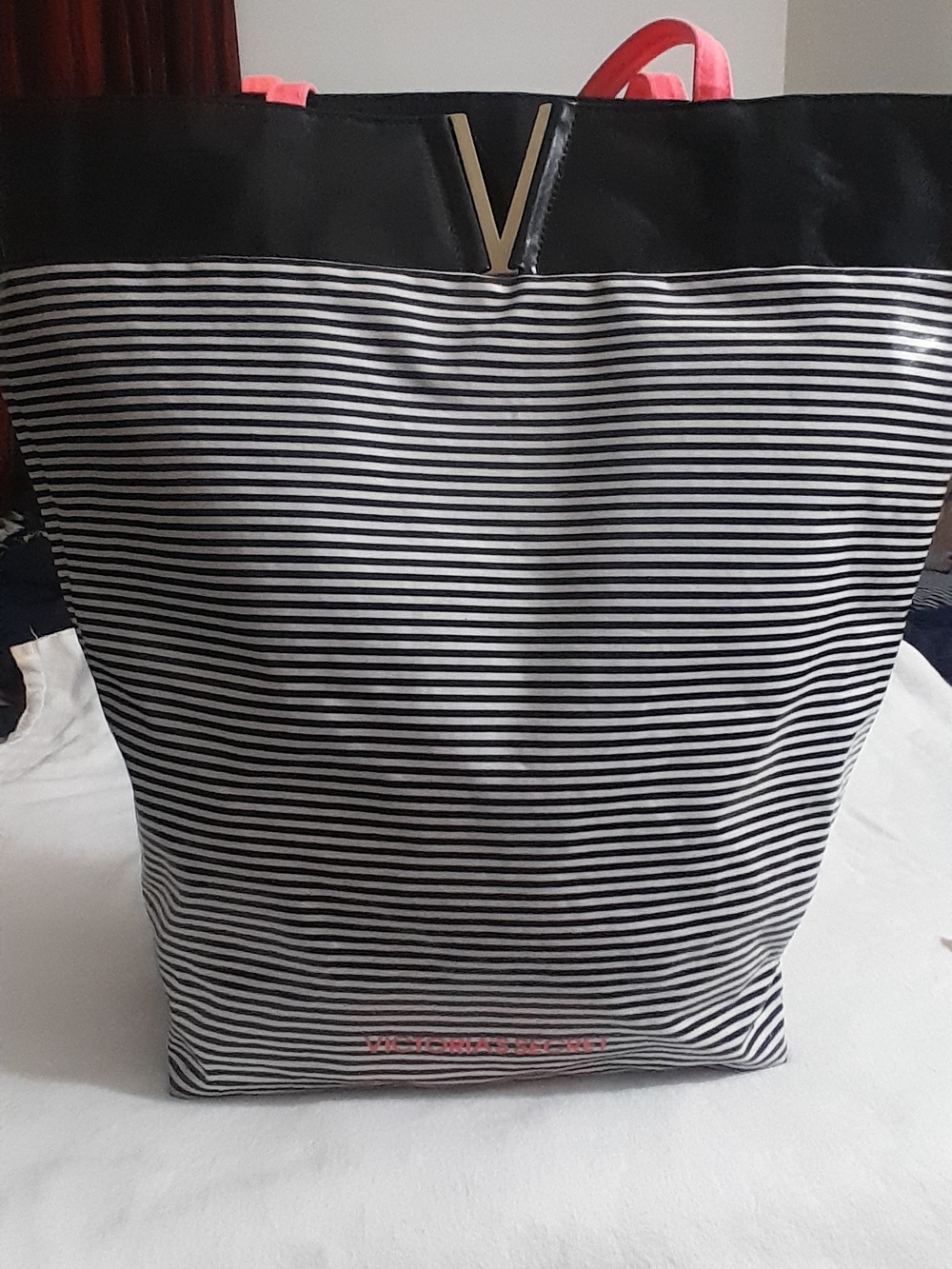 Victoria's Secret Black & White Striped Tote with Pink Handles